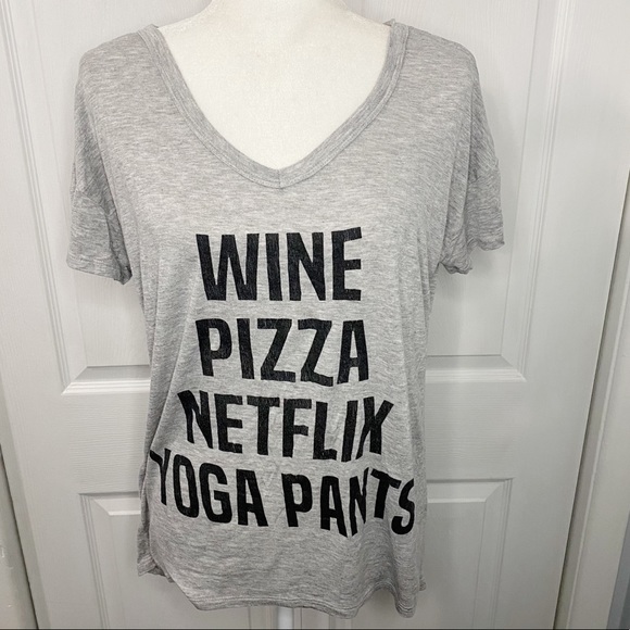 WINE, PIZZA, NETFLIX, YOGA PANTS Soft Gray Tee-M - Picture 2 of 8